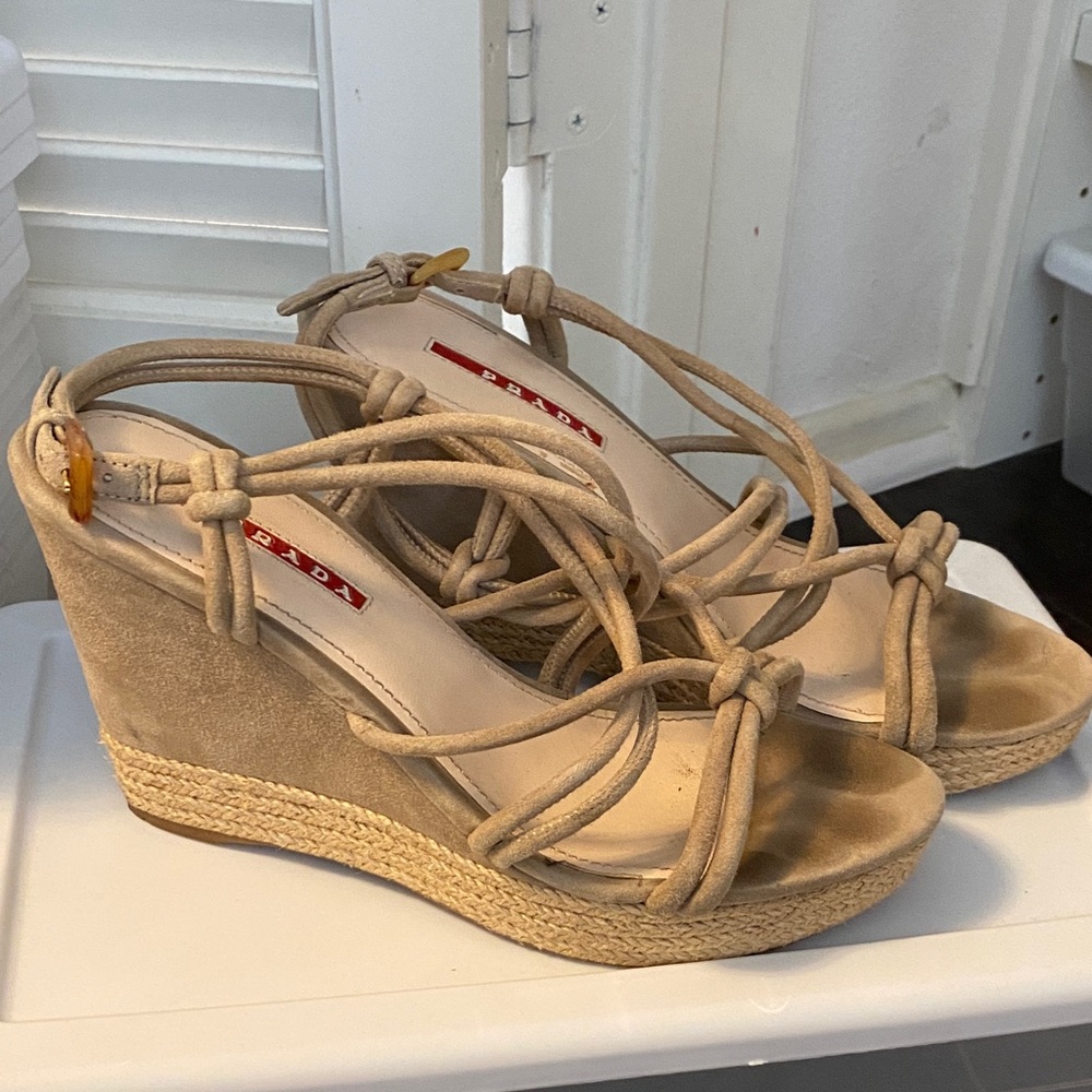 Prada Sport Beige Leather Strappy Cork Wedge Espadrille Platform S - Picture 2 of 2